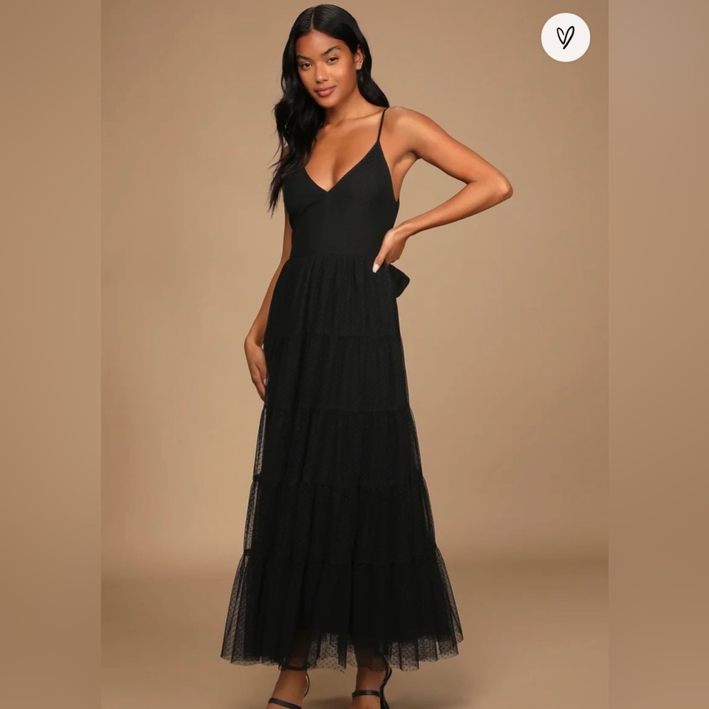 Made to be Magical Black Dotted Tie-Back Tiered Midi Dress